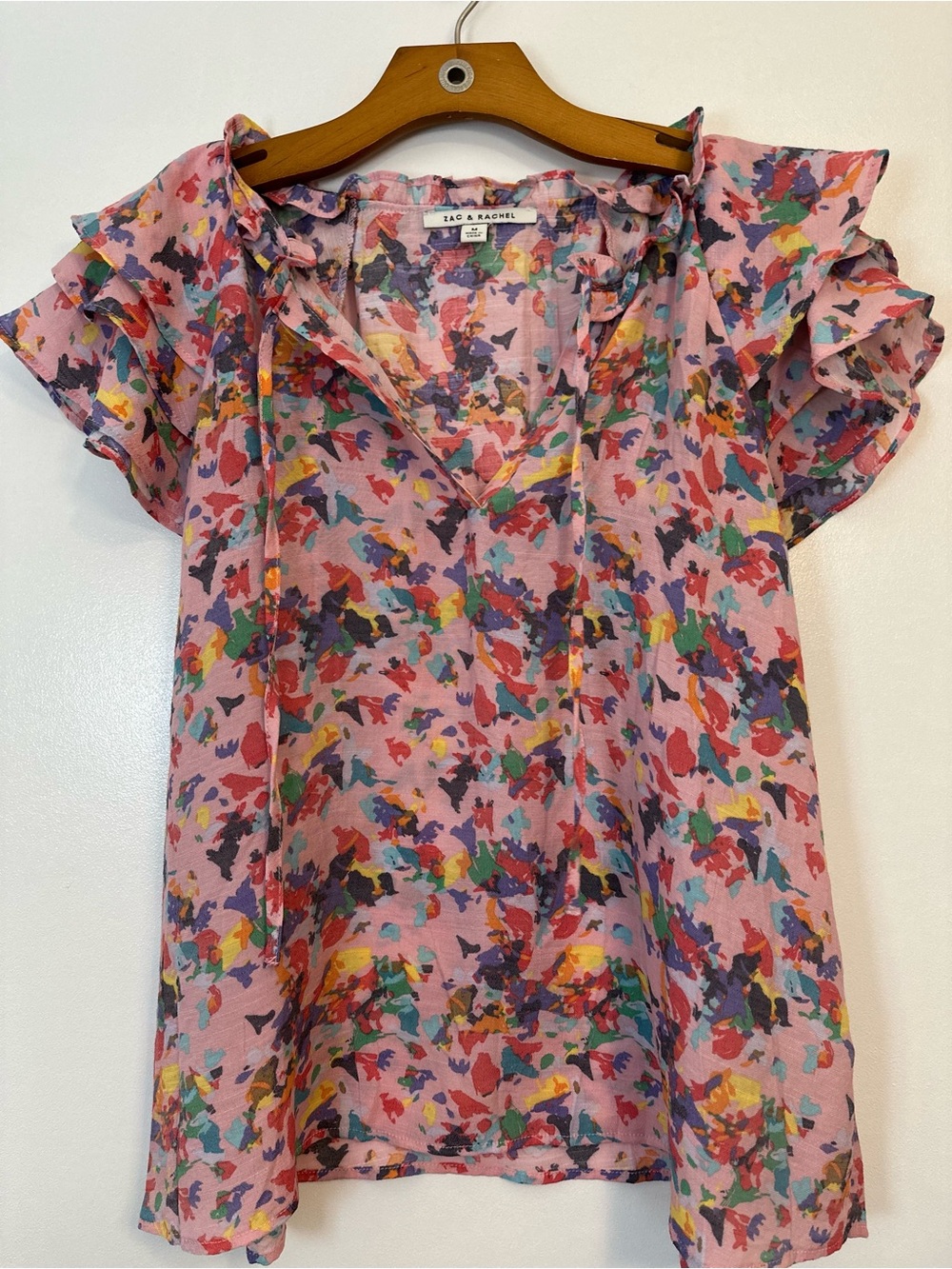 Zac & Rachel Lavender Multi-Color Flutter Sleeve V-Neck Blouse